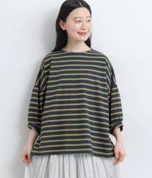 32コットン×ポリエステル引き揃え天竺ボーダー7分袖カットソー(ネイビー×カーキ-F)