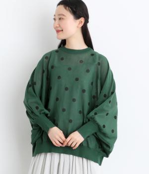 32/2リネンタッチポリエステル天竺ドットプリント9分袖カットソー(グリーン-F)