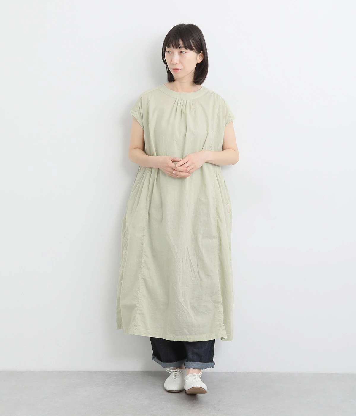 【tukuroi by SUN VALLEY】コットンリネン平織日本製品染　2wayギャザーワンピース(ミストグリーン-ONESIZE)