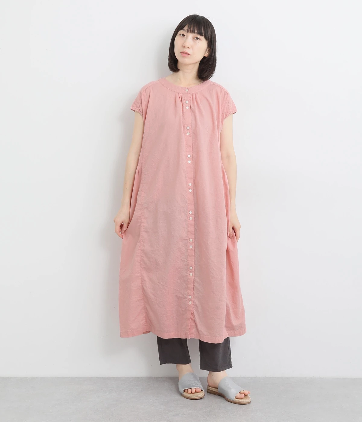【tukuroi by SUN VALLEY】コットンリネン平織日本製品染　2wayギャザーワンピース(ピオニーピンク-ONESIZE)