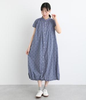 コットンローン総柄刺繍ドット柄日本製品染ワンピース