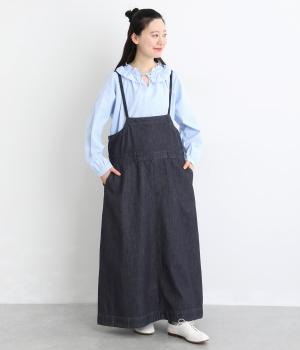 10ozコットン甘織デニム・ヒッコリージャンパースカート(ネイビー-F)