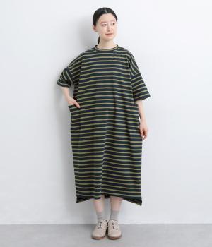 32コットン×ポリエステル引き揃え天竺ボーダー6分袖ワンピース