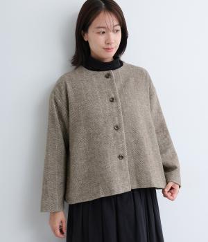 【tukuroi by SUN VALLEY】ウール混ヘリンボーンノーカラーコート(ヘリンボーンブラウン-F)