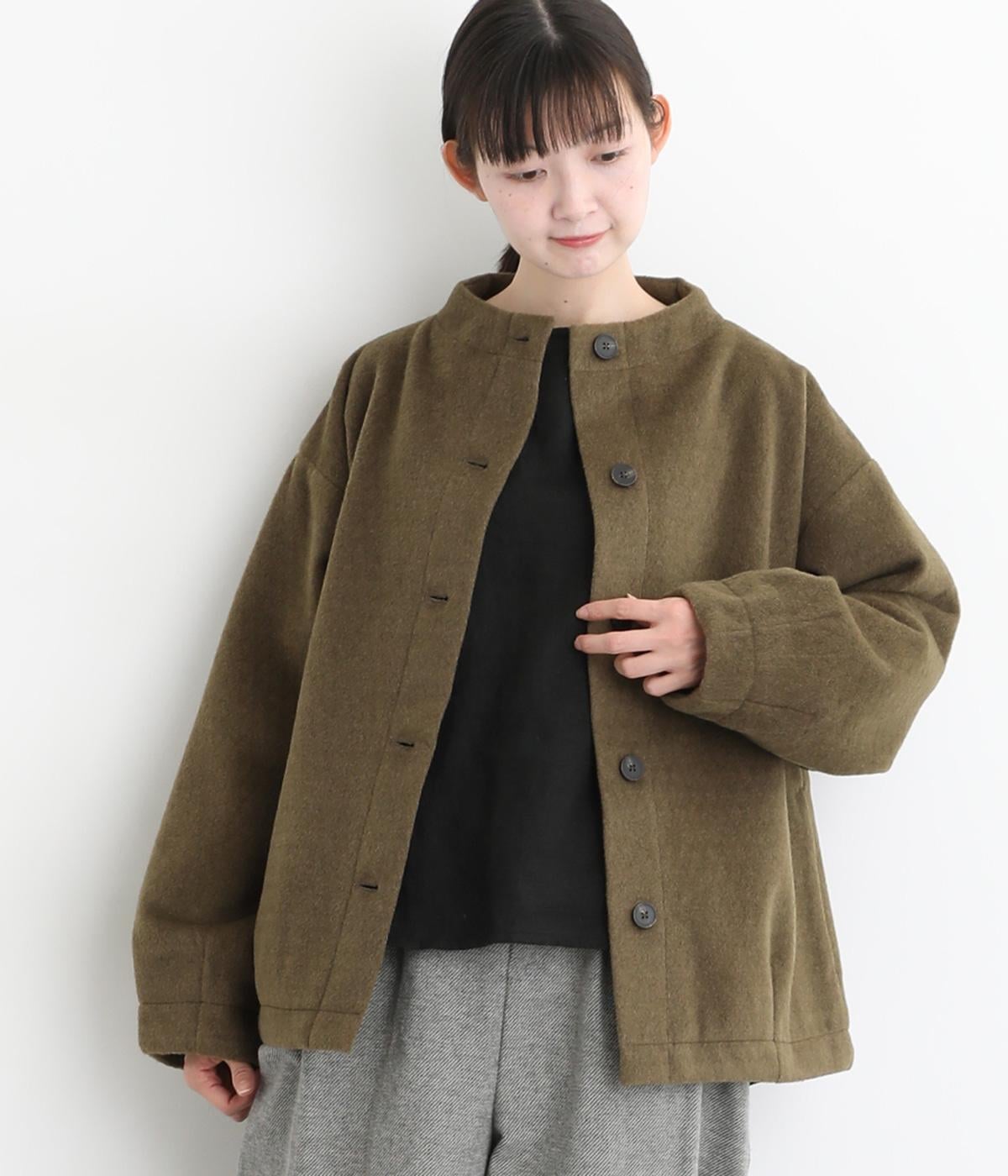 ウールライクドビー織モッサー長袖ジャケット(カーキ-F)