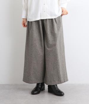 コットンリネン平織　ウエストギャザーワイドパンツ(千鳥-F)