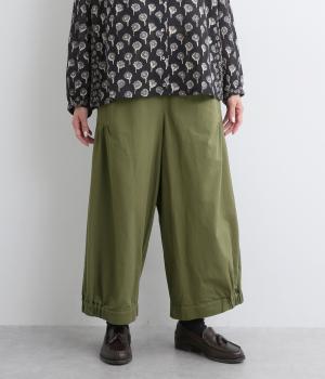 コットン綾織ギャザーワイドパンツ(カーキ-F)