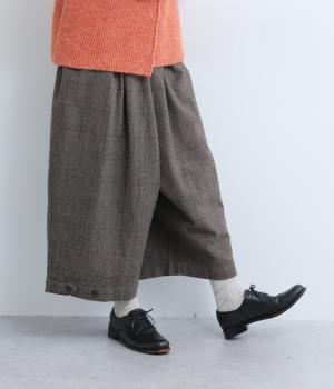 コットンリネン平織起毛ワイドパンツ(グレンチェックグレー-F)