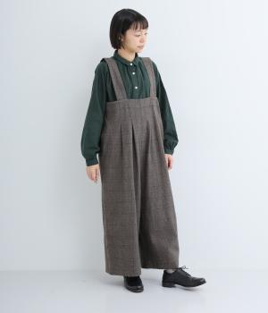 コットンリネン平織起毛サロペットパンツ(グレンチェックグレー-F)