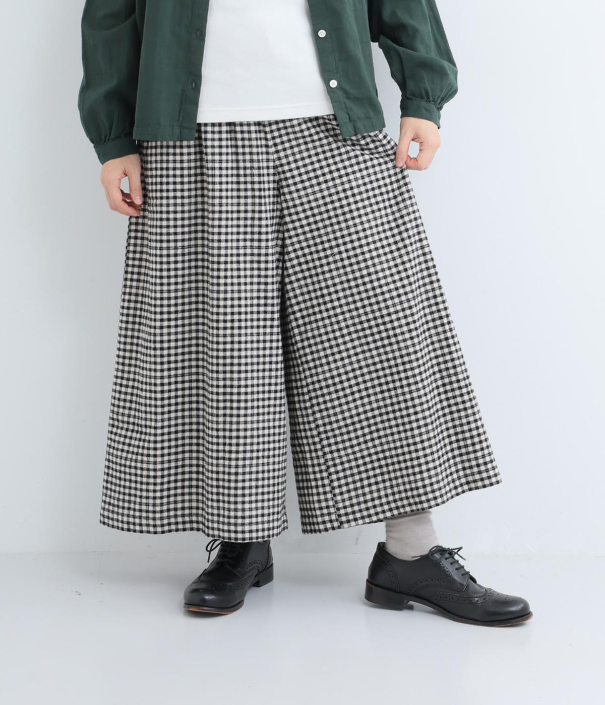 コットンリネン平織起毛裏地付きワイドパンツ(ギンガムクロ×キナリ-F)