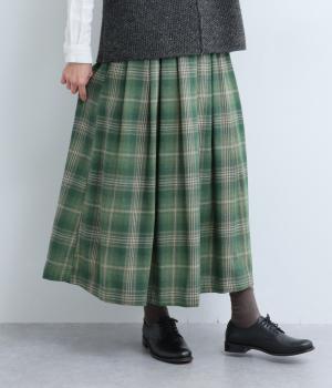 ポリエステルコットン綾織起毛チェック柄スカート(グリーン-F)