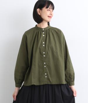 コットンローン日本製品染　ダブルボタンブラウス(オリーブグリーン-F)