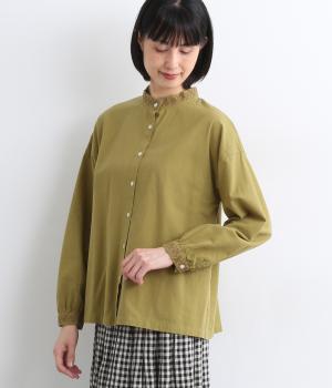 コットン平織ライン刺繍　シャツ(カーキマスタード-F)