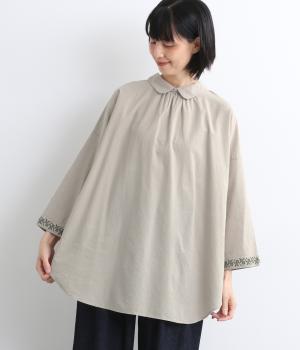 コットン平織ライン刺繍　2way丸襟プルオーバ(ミントベージュ-F)