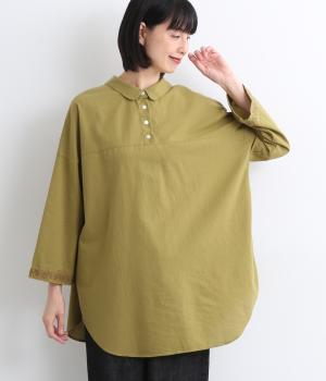 コットン平織ライン刺繍　2way丸襟プルオーバ(カーキマスタード-F)