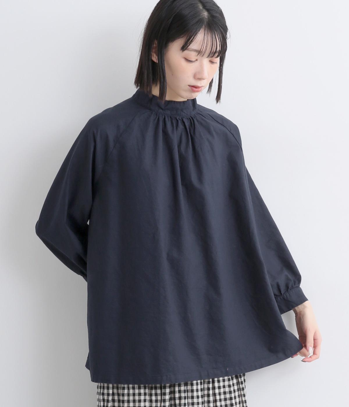 コットンオックス日本製品染　モックネックブラウス(ネイビー-F)