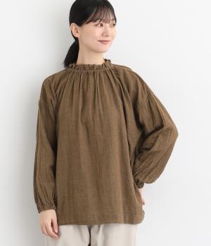 コットンTOP糸ダブルガーゼ　ネックギャザープルオーバ(ブラウン-F)