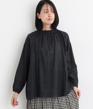 コットンTOP糸ダブルガーゼ　ネックギャザープルオーバ(ネイビー-F)