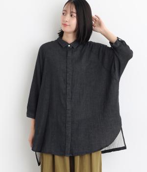 コットンTOP糸ダブルガーゼ　ドルマンワイドチュニックシャツ(ネイビー-F)