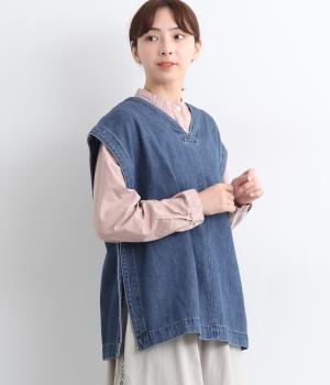 コットン甘織デニム　2wayベスト(ブルー-F)