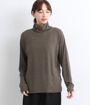 ストレッチフライスボーダー　モックネックプルオーバー(チャコールブラウン-F)