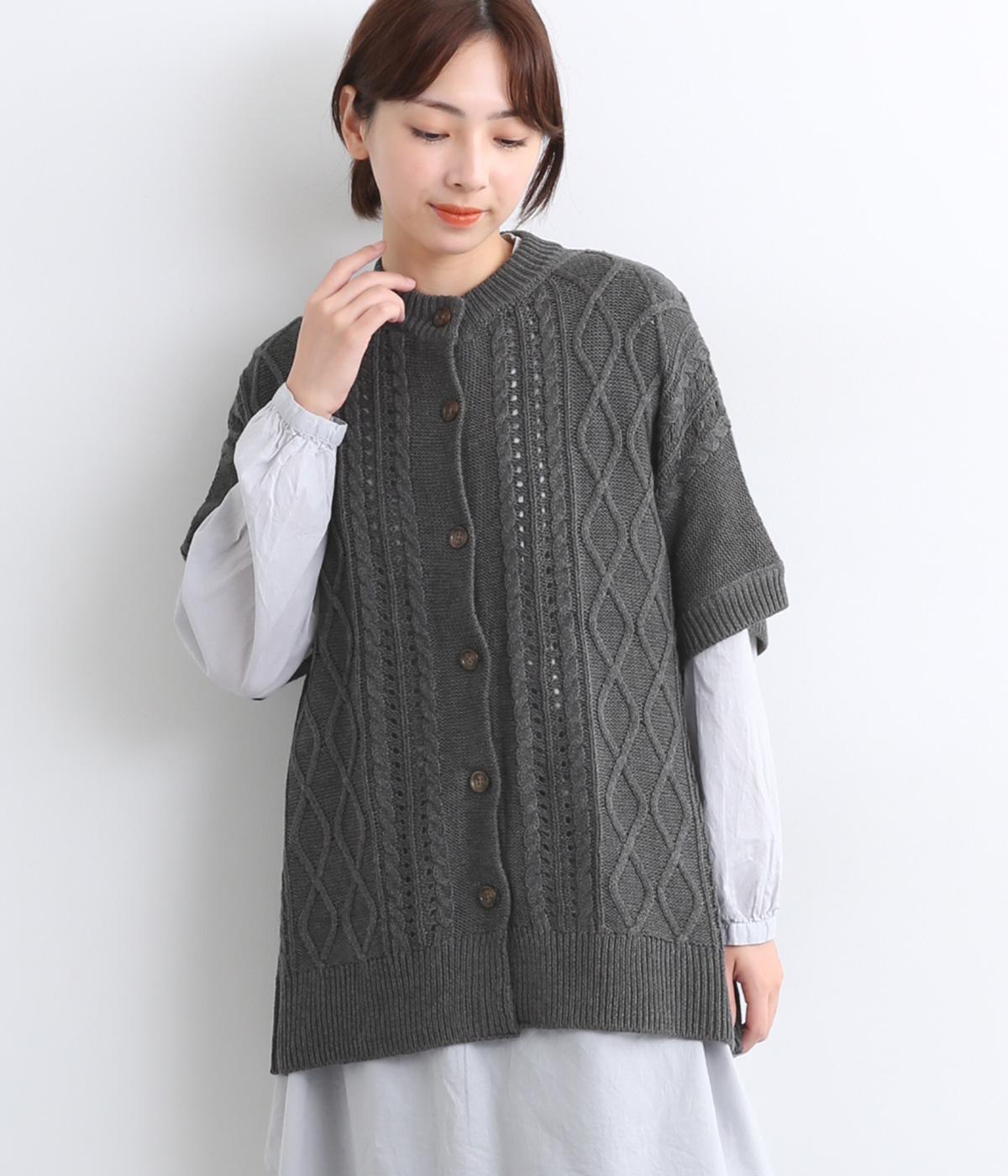 アクリルコットン模様編み　ニットワイドカーディガン(チャコール-F)