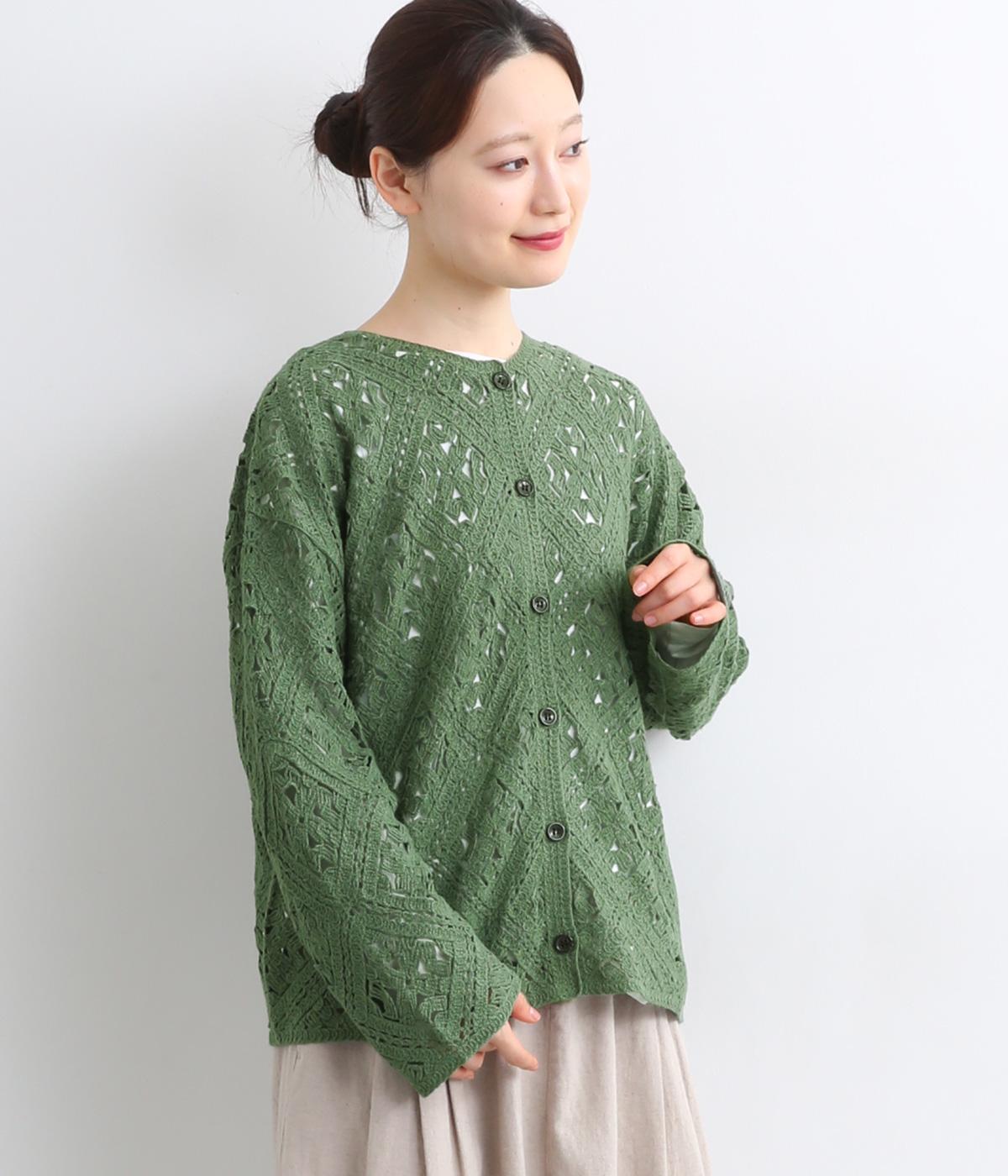 さやか　ボンディングフーデッドコート　カーキ かぎ針編み カーディガン（SUN VALLEY）の商品詳細