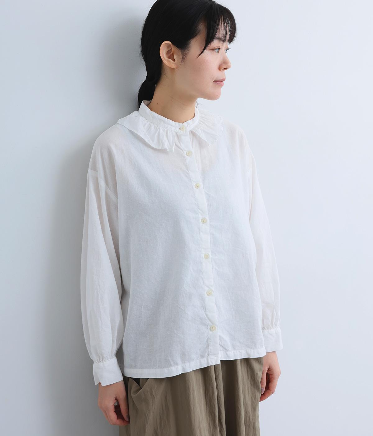 【tukuroi by SUN VALLEY】コットンリネン平織日本製品染　フリルカラーブラウス(シロ-F)