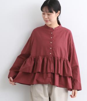 【tukuroi by SUN VALLEY】コットンリネン平織日本製品染　異素材切替えギャザーブラウス(カシスピンク-F)