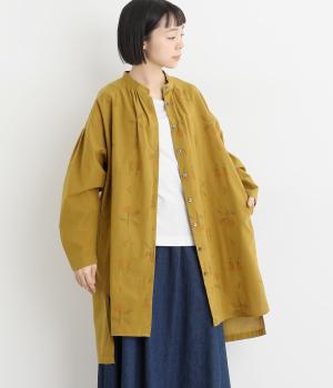コットン平織起毛 総柄刺繍チュニックブラウス(マスタード-F)