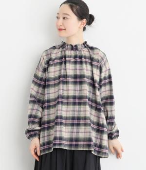 コットン綾織起毛チェックシャーリングブラウス(グレージュ-F)