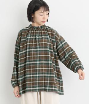 コットン綾織起毛チェックシャーリングブラウス(ブラウン-F)