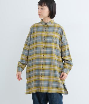 コットン綾織起毛チェックチュニックブラウス(ブルーグリーン-F)