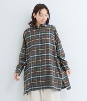 コットン綾織起毛チェックチュニックブラウス(ブラウン-F)