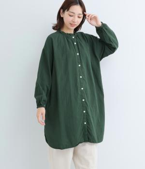 コットンダブルガーゼ 日本製品染2wayフリルネックチュニックシャツ(ダークグリーン-F)