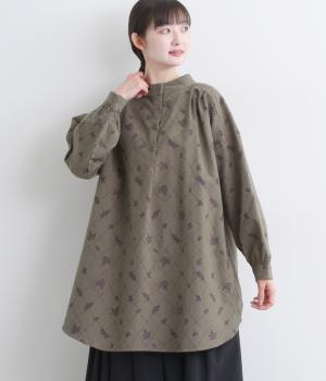 コットン平織起毛総柄プリントチュニックブラウス(グレー-F)