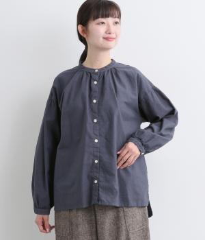 コットンオックス日本製品染バンドカラーブラウス(ダスティブルー-F)