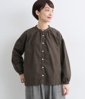 コットンオックス日本製品染バンドカラーブラウス(ダークブラウン-F)