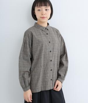 コットンリネン平織起毛ブラウス(グレンチェックチャコール-F)
