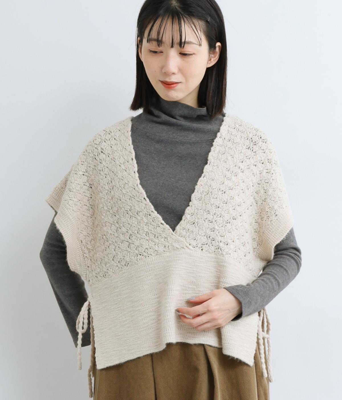 アクリルナイロンウールスラブ模様編みカシュクールニットベスト(アンティークホワイト-F)