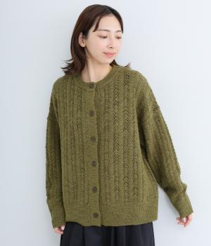 アクリルナイロンウールスラブ模様編みニットカーディガン(オリーブカーキ-F)