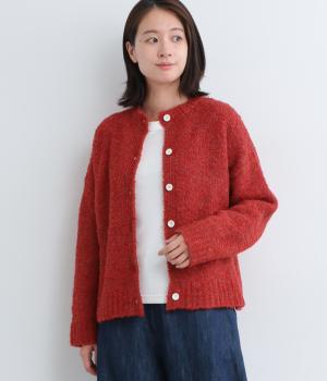 ウール混ループヤーンローゲージニットカーディガン(レッド-F)