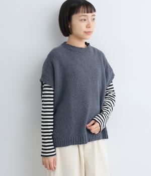 モール糸×フェザーヤーン引き揃えかのこ編みニットワイドベスト(ナイトチャコール-F)