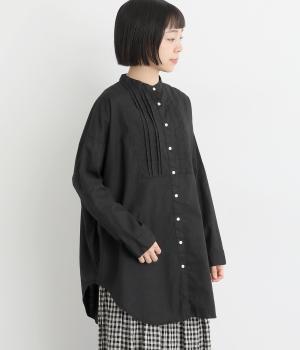 【tukuroi by SUN VALLEY】コットンリネン平織日本製品染タックチュニックシャツ(クロ-F)
