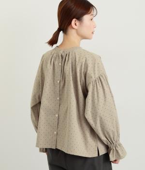 ポリエステルツイルドットプリント前後2way長袖ブラウス(ベージュ-F)