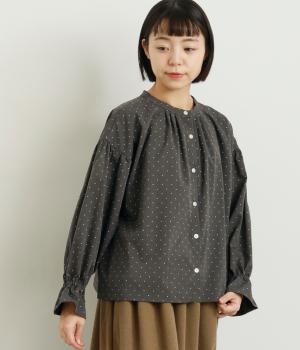 ポリエステルツイルドットプリント前後2way長袖ブラウス(グレー-F)