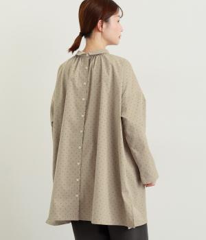 ポリエステルツイルドットプリント前後2way長袖チュニックブラウス(ベージュ-F)