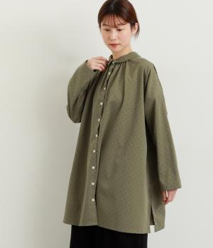 ポリエステルツイルドットプリント前後2way長袖チュニックブラウス(カーキ-F)