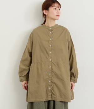 コットン平織日本製品染前後2wayティアード長袖ブラウス(カーキベージュ-F)
