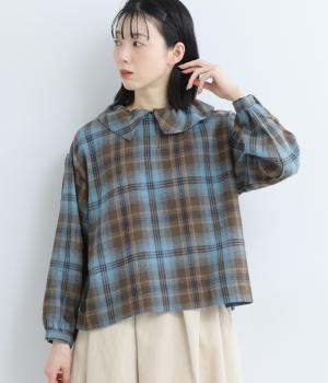 ポリエステルコットン綾織起毛チェック柄フレア襟長袖ブラウス(ブラウン-F)